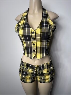Yellow Plaid Halter Vest & Shorts Set